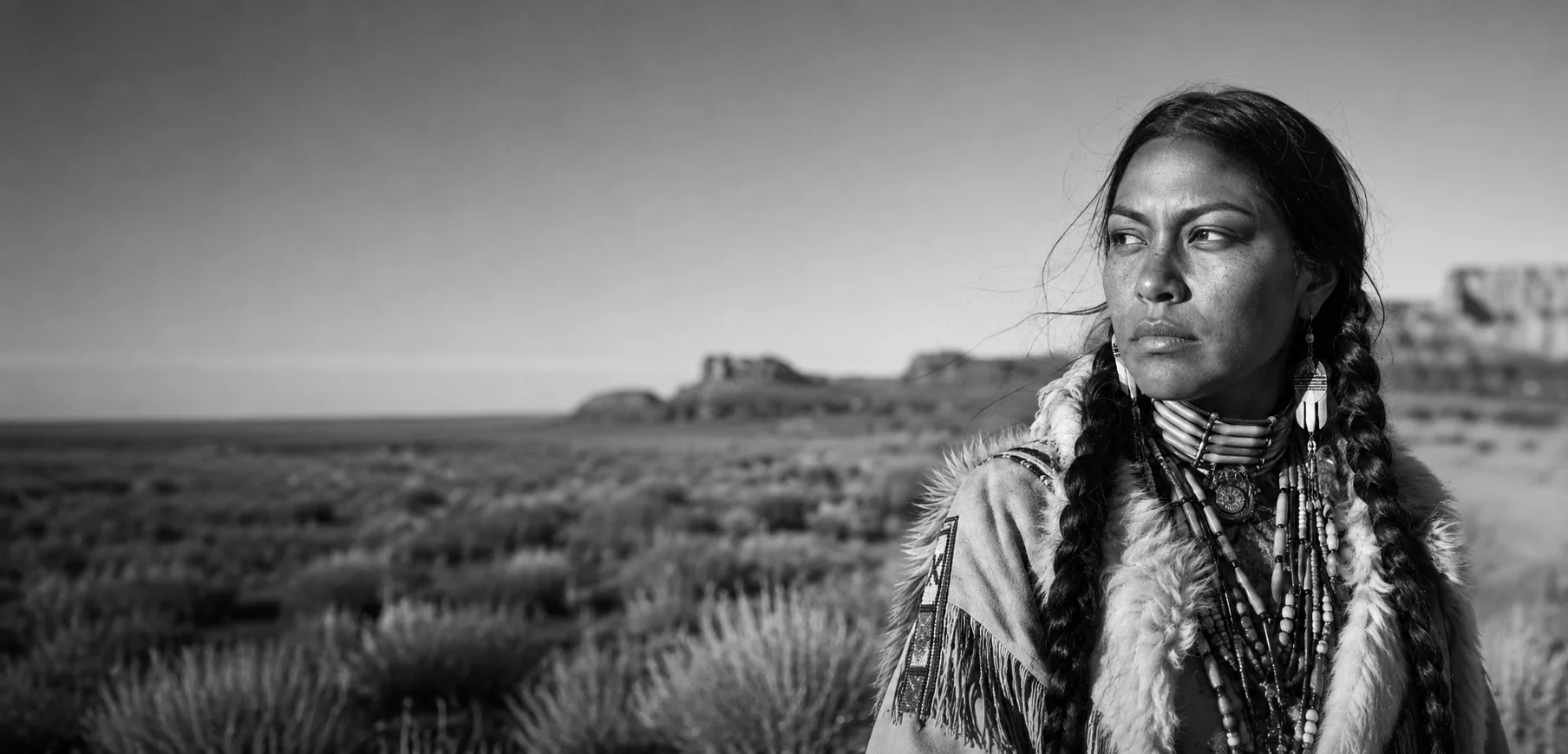 Mulher indígena norte-americana em paisagem desértica, representando sabedoria ancestral